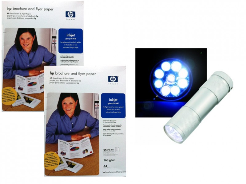 Original HP Broschüren und Flyer Papier Q2525A, vorgefalzt, DIN A4, 100 Blatt, 160 g/m2 inkl. LED-Taschenlampe