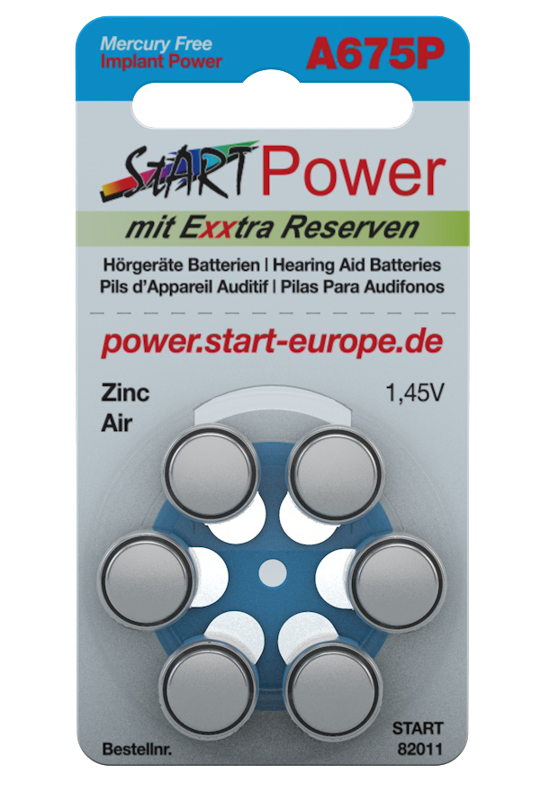 StartPower - 60 Batterien für CI Sprachprozessoren - Typ A675 P - 1.45V - 550mAh - PR44 P