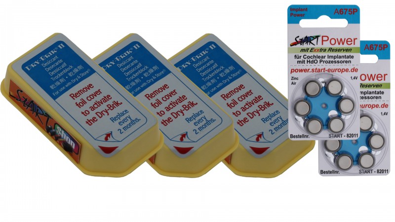 DRY-BRIK II (3 Stück), Trockenmittel, Trockensteine inkl. StartPower Hörgerätebatterien A675P (12 Stück)