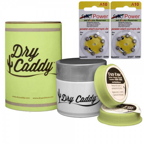 Dry Caddy (Dose inkl. 6 Discs), Trockenmittel, Trockensteine inkl. StartPower Hörgerätebatterien A10 (12 Stück)