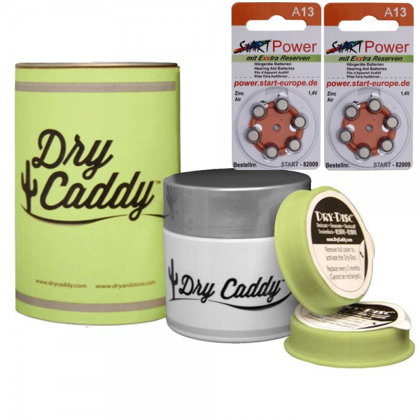 Dry Caddy (Dose inkl. 6 Discs), Trockenmittel, Trockensteine inkl. StartPower Hrgertebatterien A13 (12 Stck)