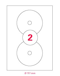 Laser, Copy, Inkjet CD-Etiketten, King-Size, wei, permanent, A4, 100 Blatt/ Packung   117 mm, 2 Etiketten pro Blatt