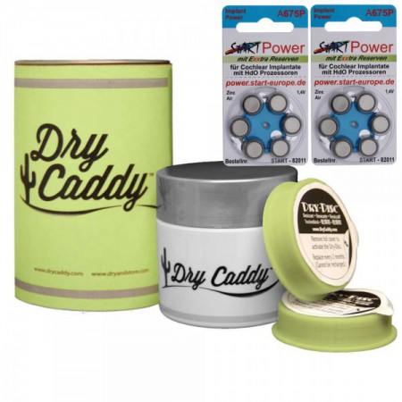 Dry Caddy (Dose inkl. 6 Discs), Trockenmittel, Trockensteine inkl. StartPower Hörgerätebatterien A675 (12 Stück)